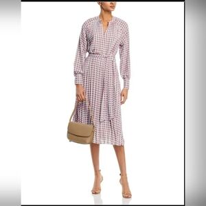 T Tahari Long Sleeve Split Neck Pleated Dress